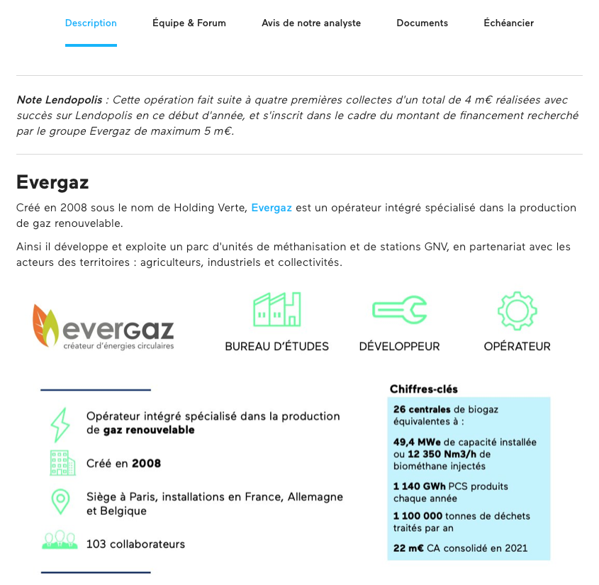 Exemple d'informations sur un porteur de projet