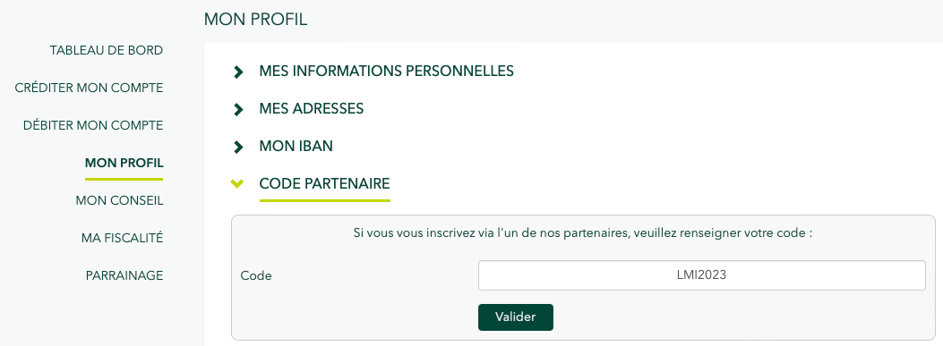 Profil utilisateur et code promo