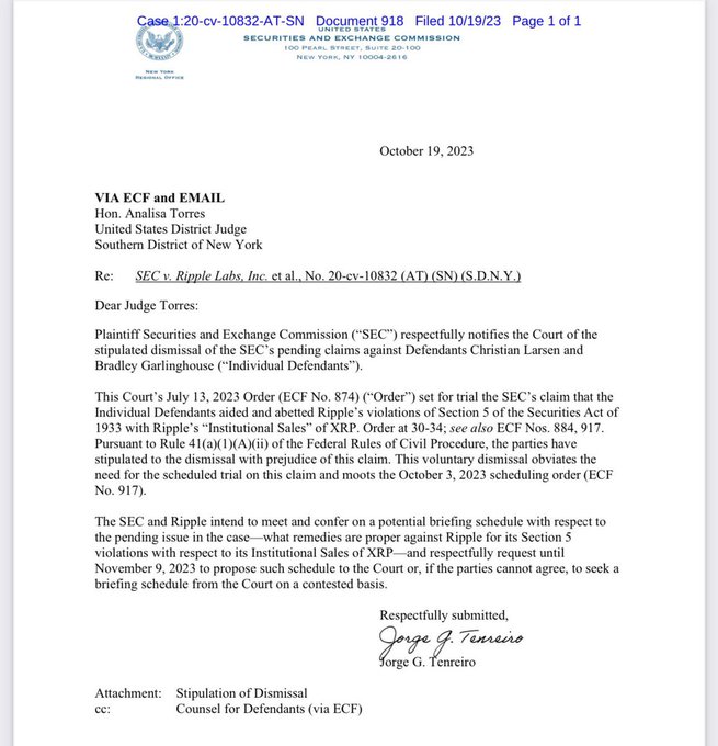 Déclaration officielle de la SEC pour le procès de Ripple Labs (XRP)